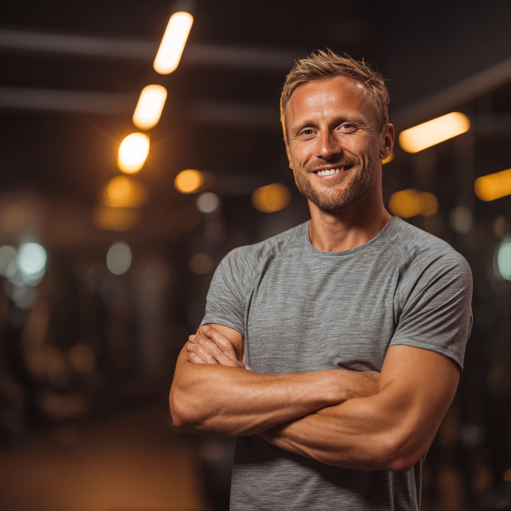 Професійний тренер європейської зовнішності середнього віку в спортивній формі, посміхається і показує позитивний настрій у сучасному фітнес-залі